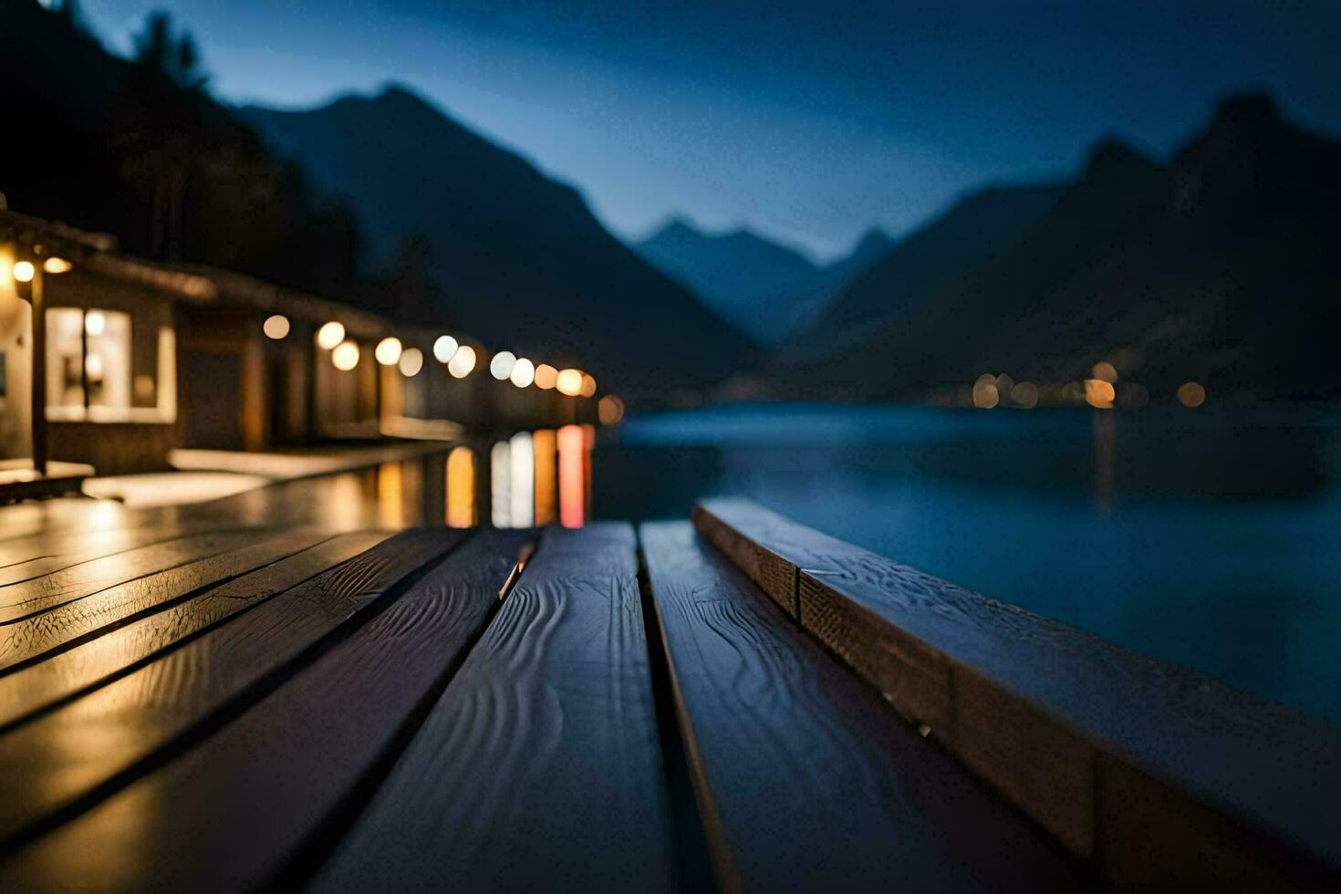 a wooden dock with lights on it at night. AI-Generated photo