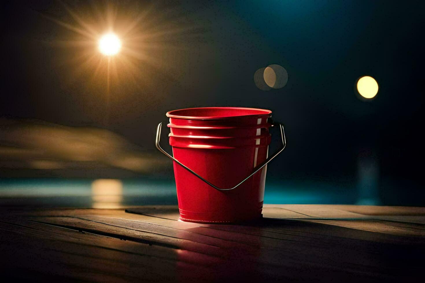 a red bucket sitting on a wooden deck at night. AI-Generated photo