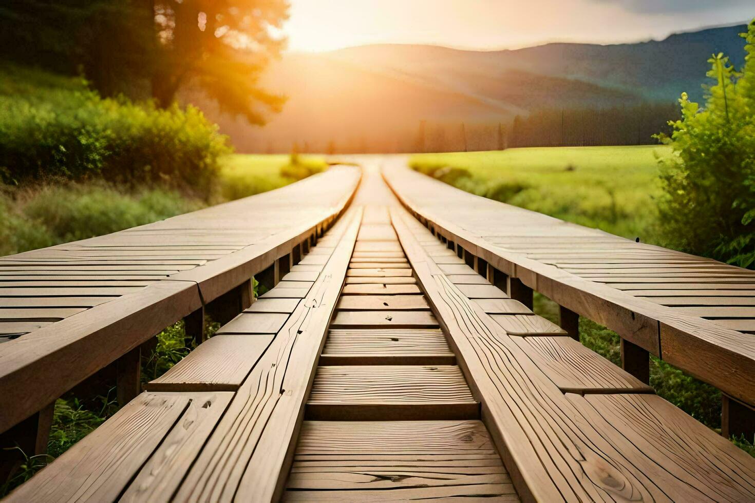 a wooden bridge leads to a field with the sun setting. AI-Generated photo