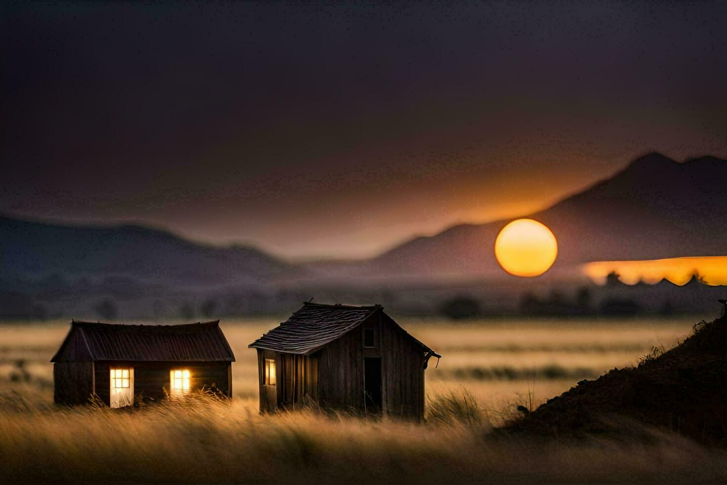 two small houses in the middle of a field at sunset. AI-Generated photo