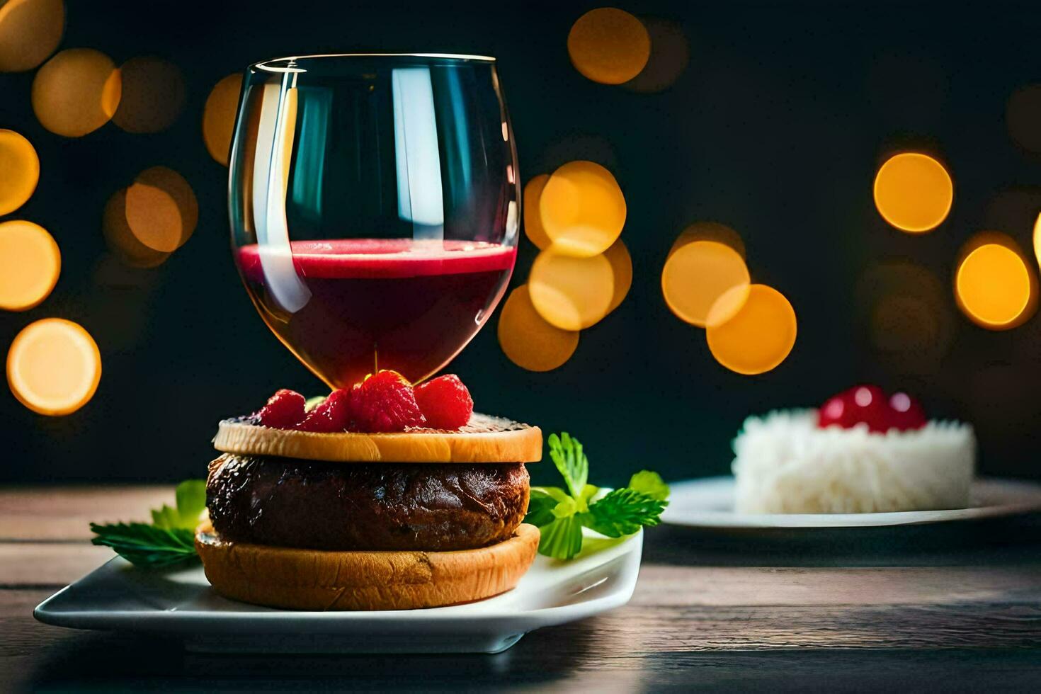 a hamburger with a glass of red wine. AI-Generated photo