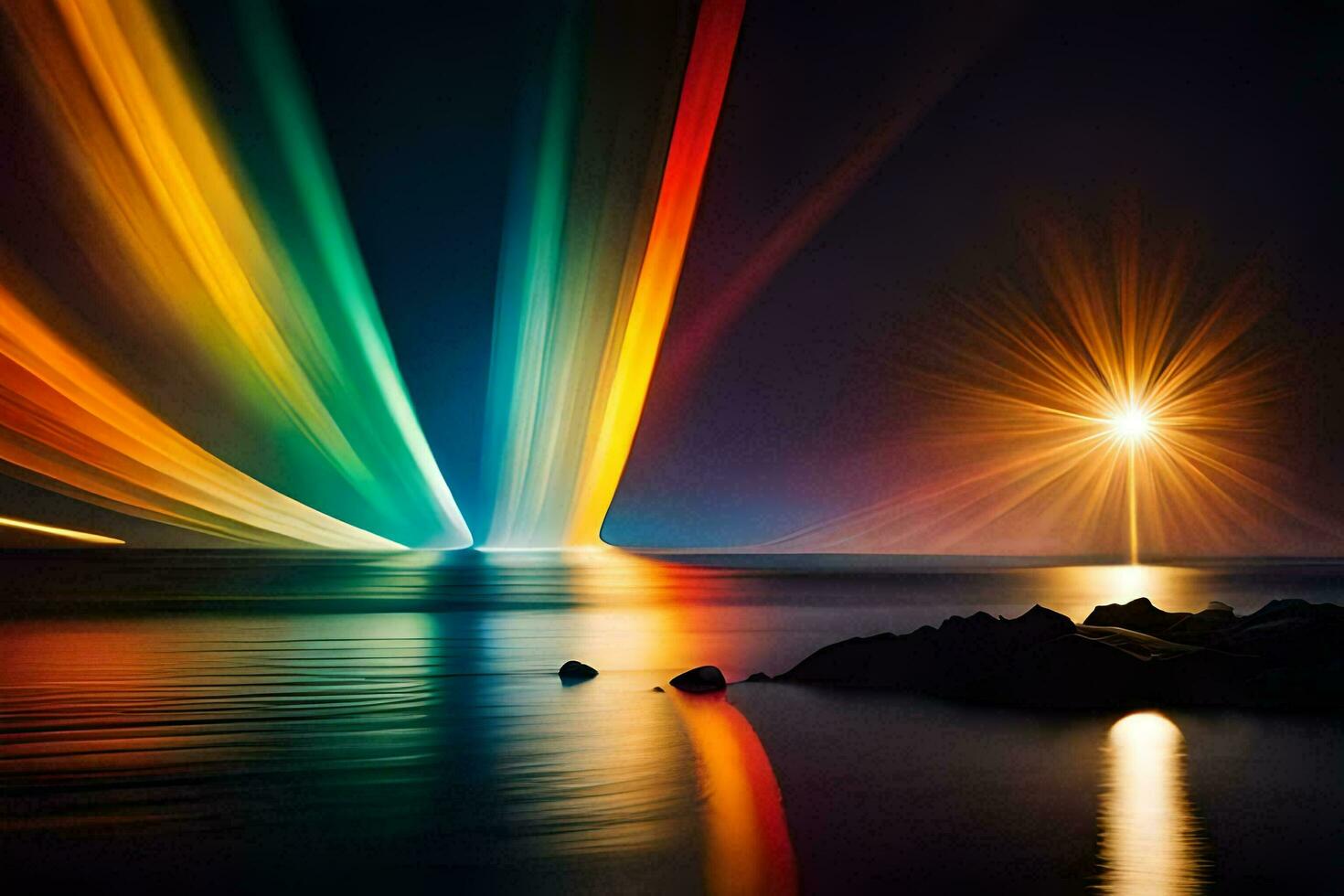 a colorful light trail over the ocean at night. AI-Generated photo
