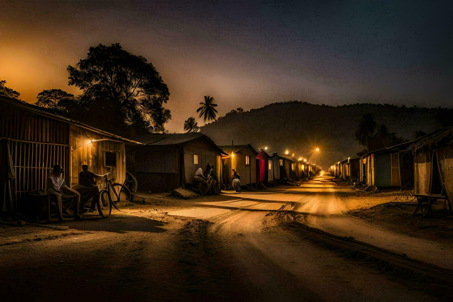 a street at night with houses and people walking around. AI-Generated photo