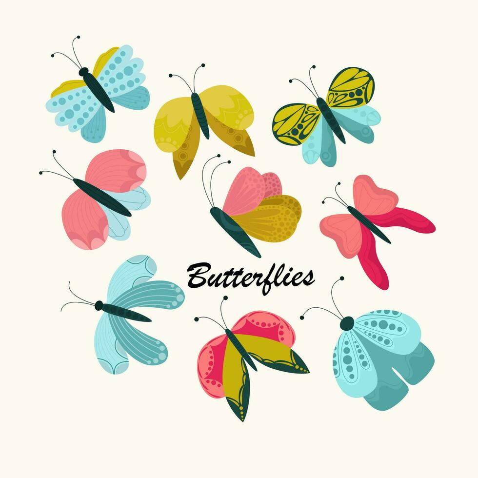 Bright colorful butterflies with patterns. Inscription Butterflies. Vector illustration.