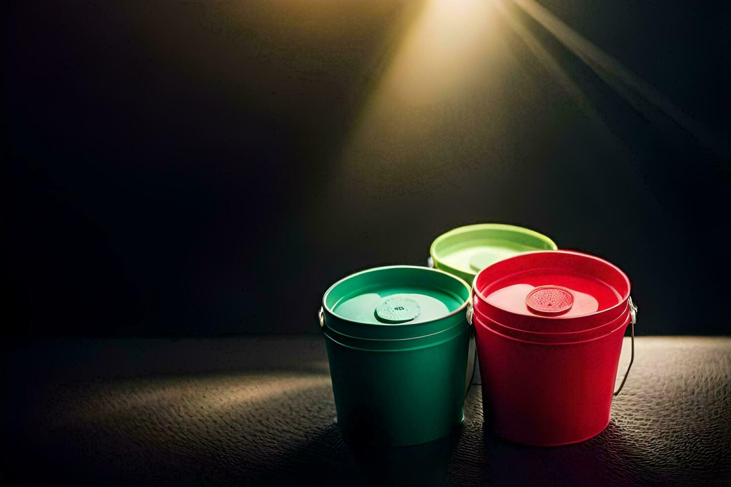 three colorful plastic cups sitting on a table. AI-Generated photo