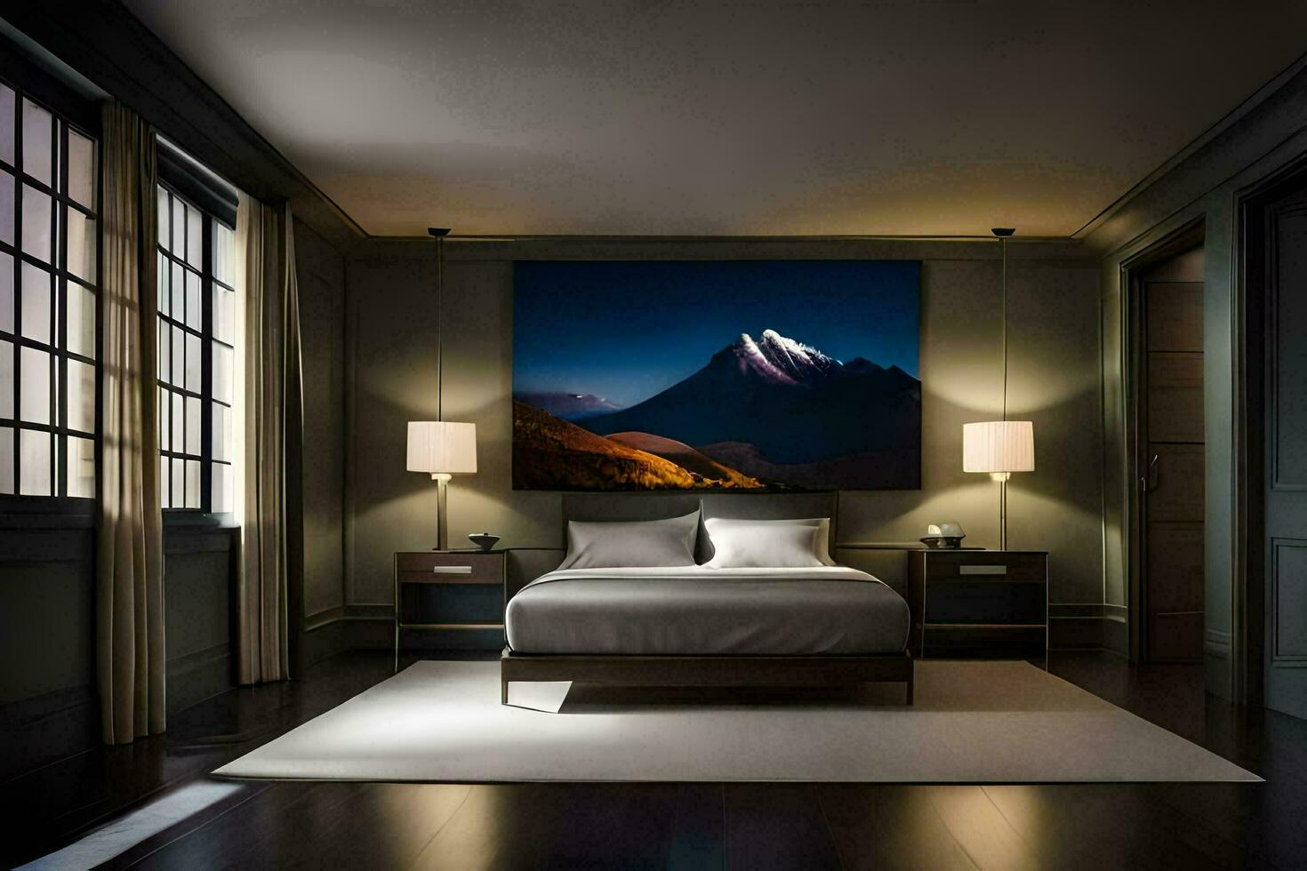 un dormitorio con un grande montaña pintura en el pared. generado por ai foto