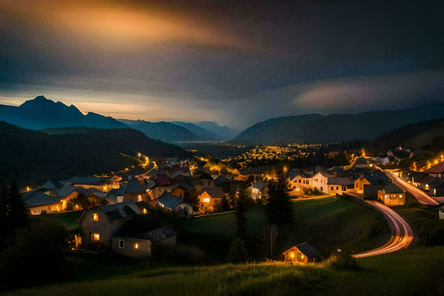 photo wallpaper the sky, mountains, night, the village, road, the village, the village. AI-Generated