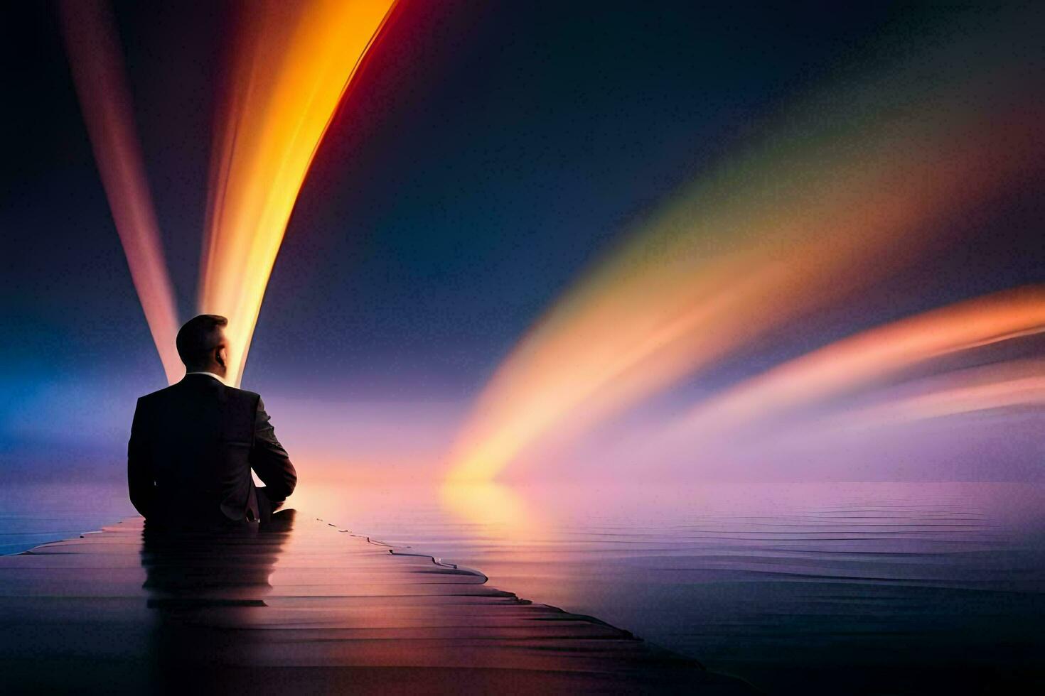 a man sitting on a dock looking at the sky. AI-Generated photo