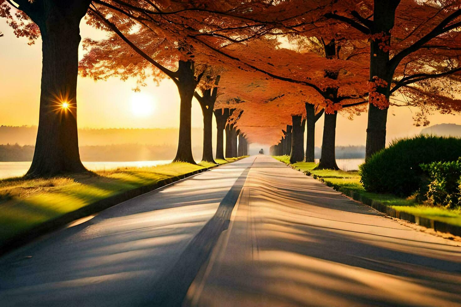 a road lined with trees and the sun setting. AI-Generated photo