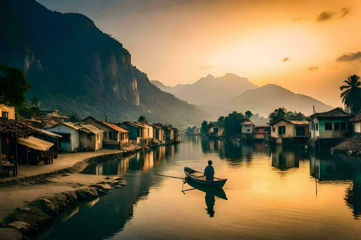 a man is rowing a boat down a river in front of houses. AI-Generated photo