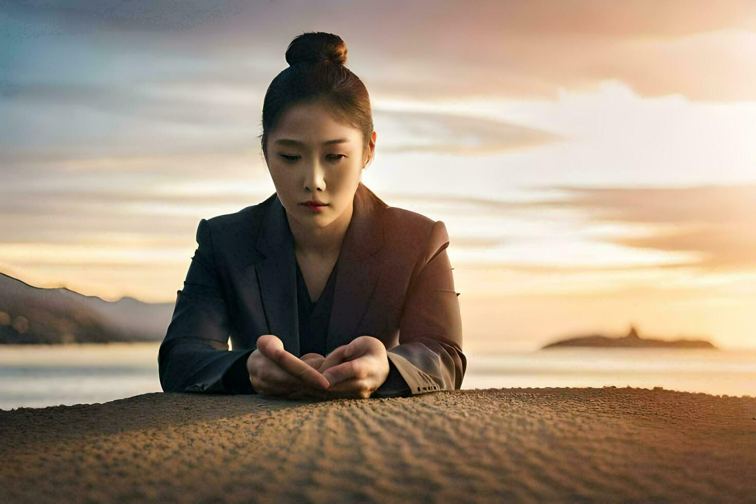 a woman in a business suit sits on the sand. AI-Generated photo