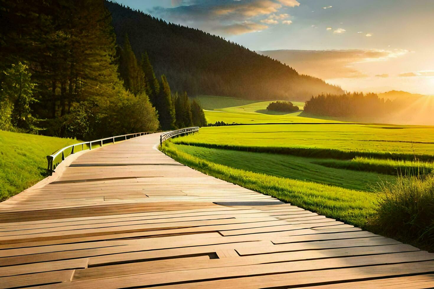 a wooden path leads to a green field. AI-Generated photo