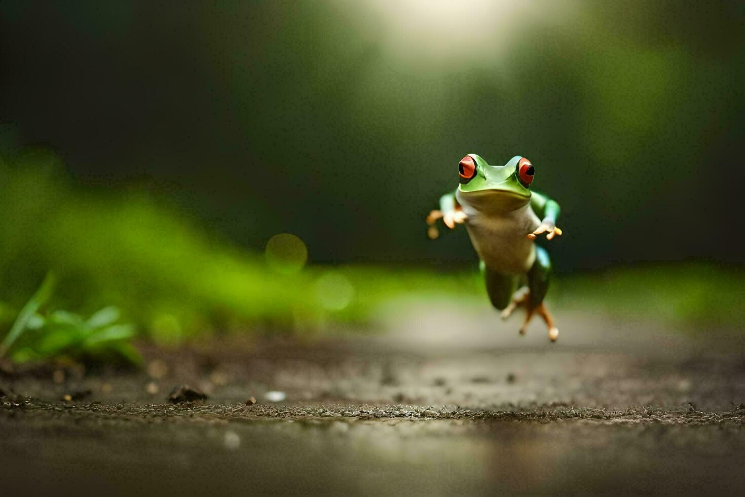un rana saltando en el suelo con brillante ligero. generado por ai foto