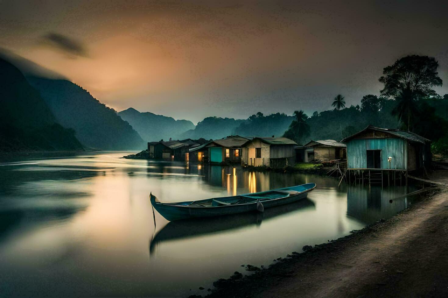 a boat sits on the shore of a river at sunset. AI-Generated photo