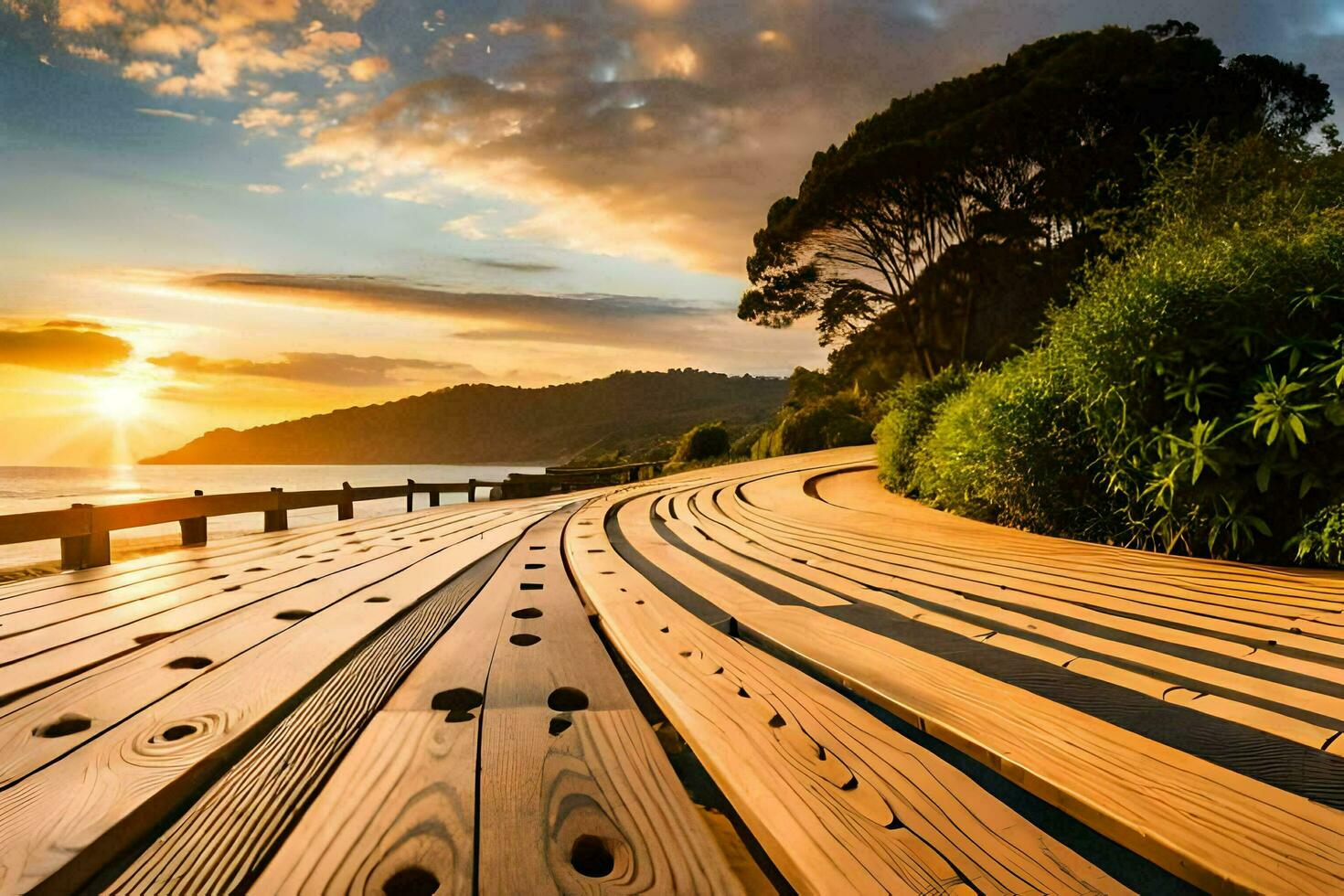 a wooden boardwalk leads to the ocean at sunset. AI-Generated photo