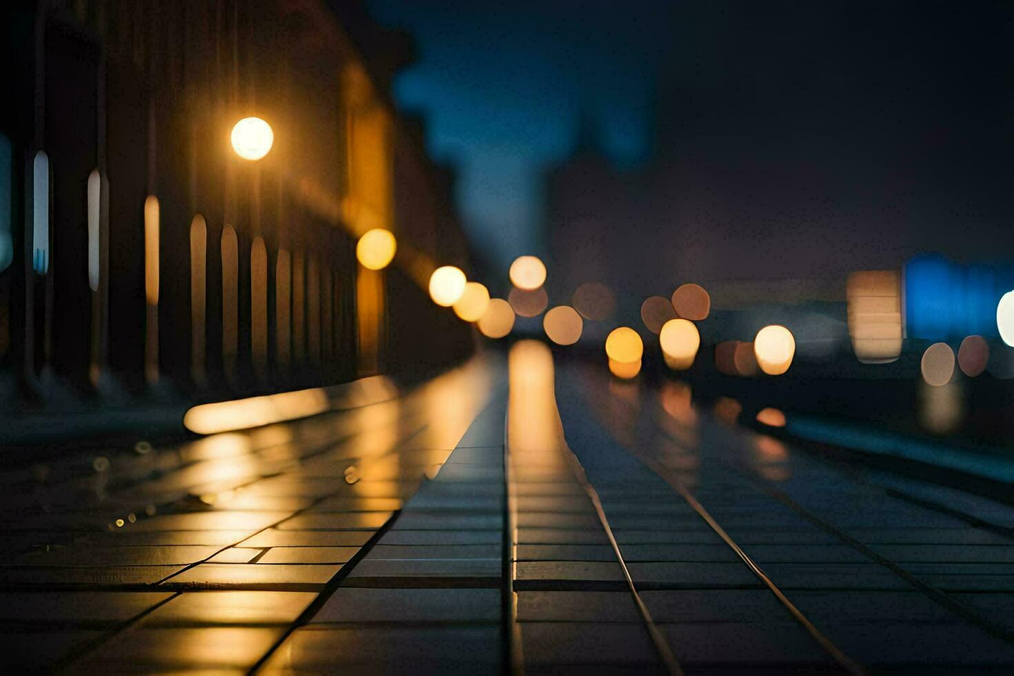 a long walkway with lights on it at night. AI-Generated photo