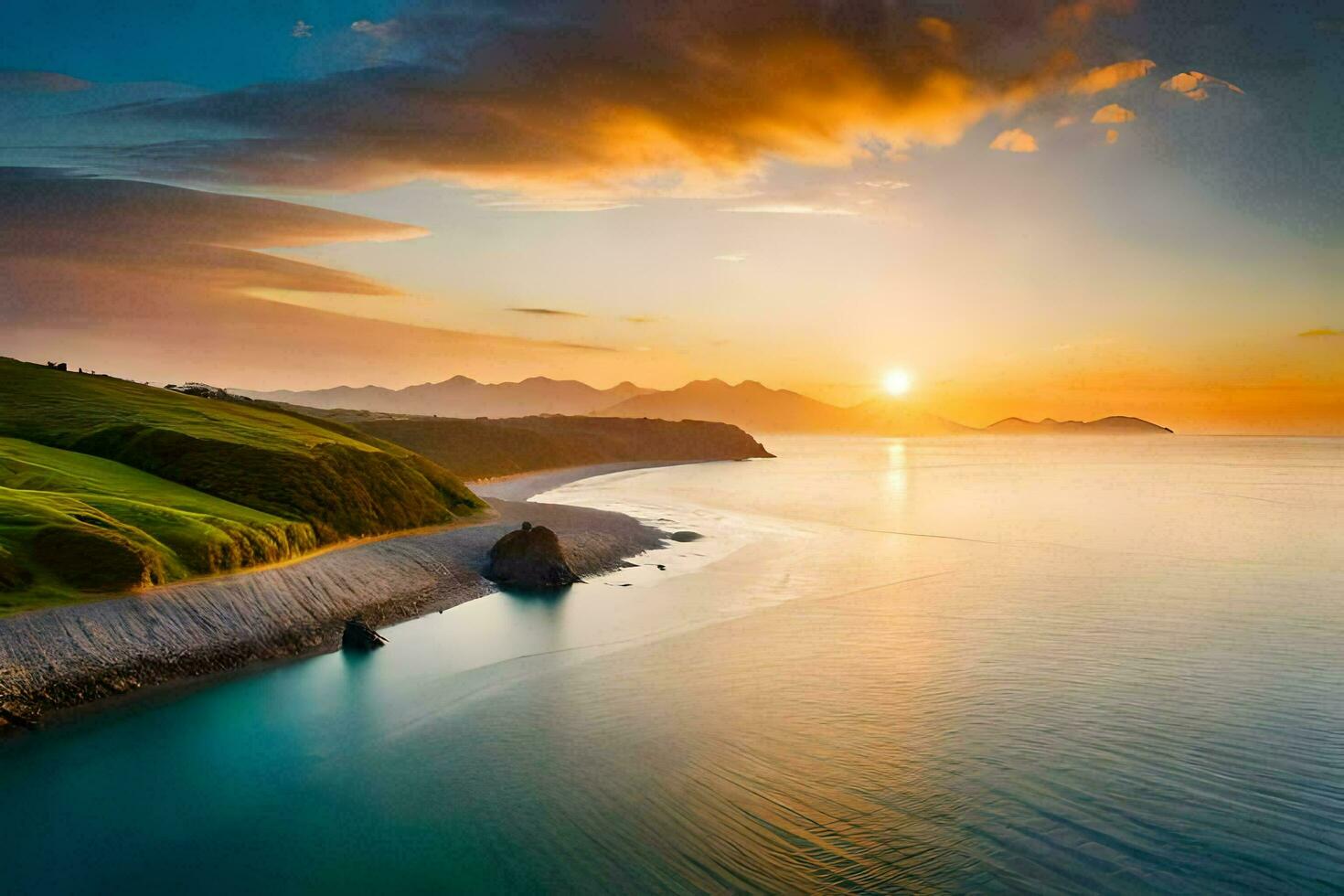 the sun sets over a beach and hills. AI-Generated photo