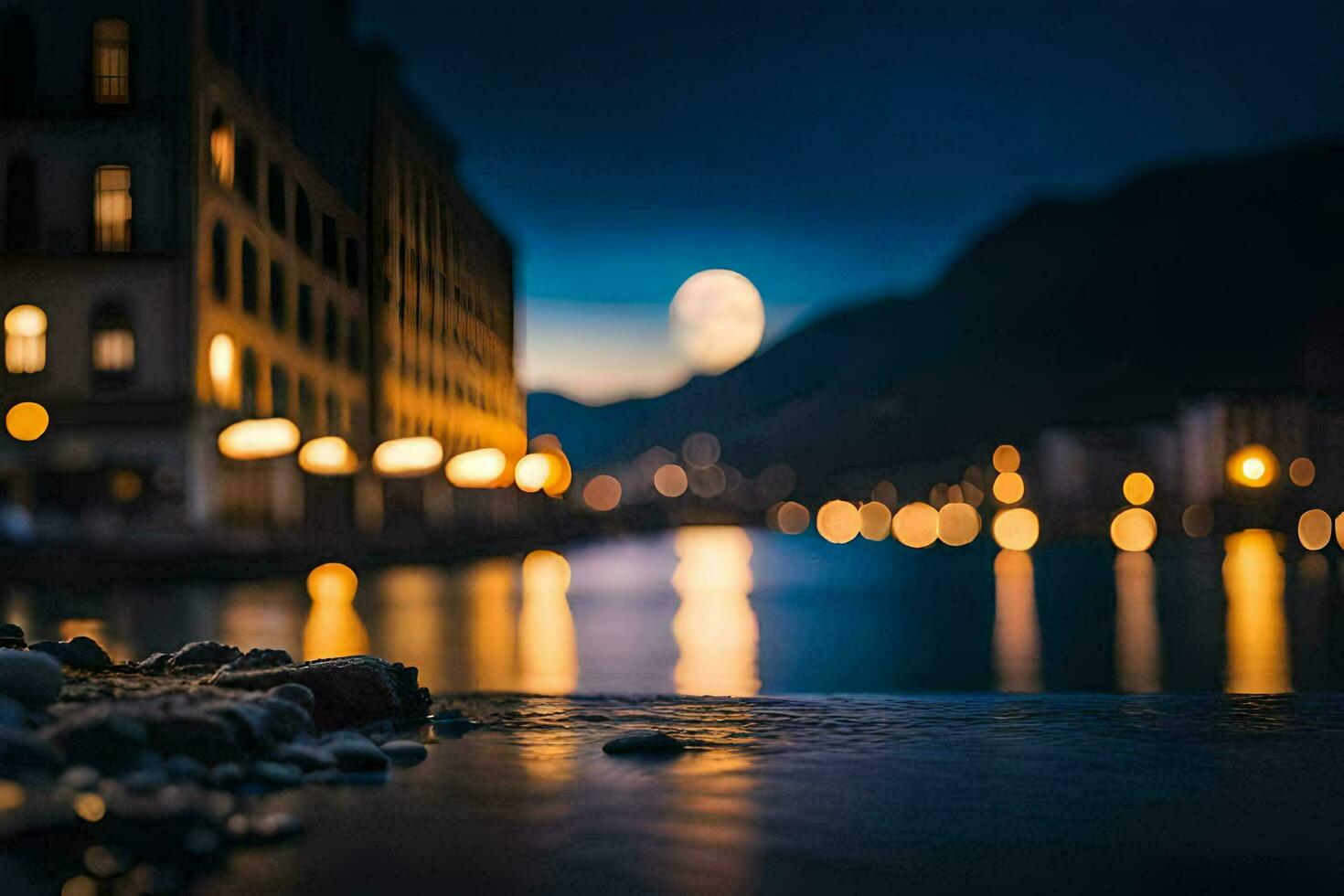 foto fondo de pantalla el luna, noche, el ciudad, el río, el luna, el ciudad,. generado por ai