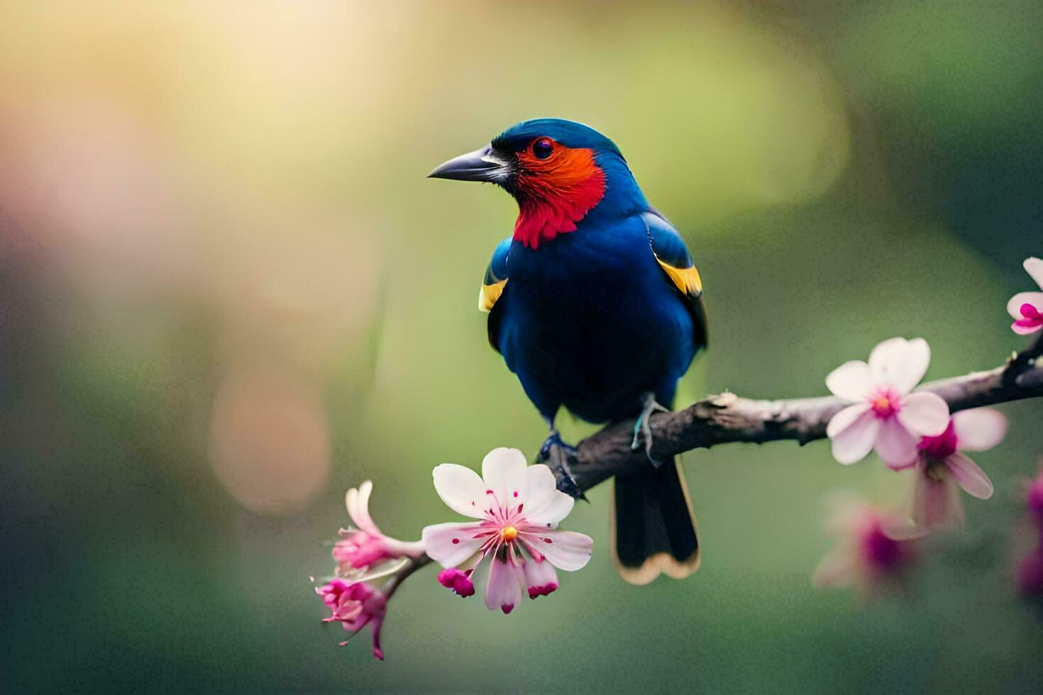 a colorful bird sits on a branch with pink flowers. AI-Generated photo
