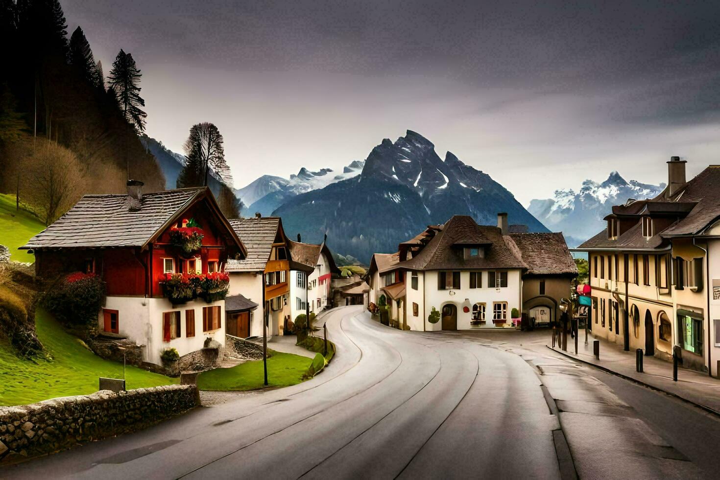 a street in the alps with houses and mountains in the background. AI-Generated photo