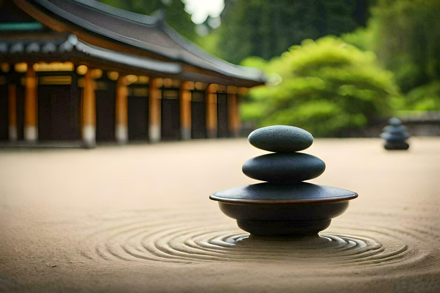 a stack of stones on a sand dune in front of a building. AI-Generated photo