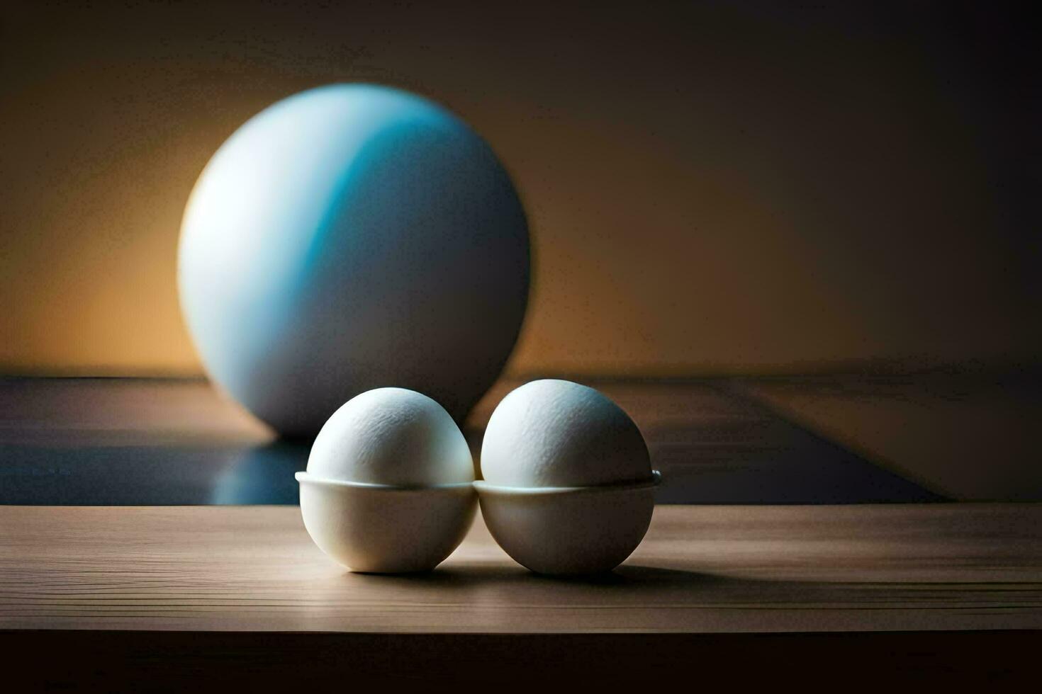 two eggs sit on a table in front of a large egg. AI-Generated photo