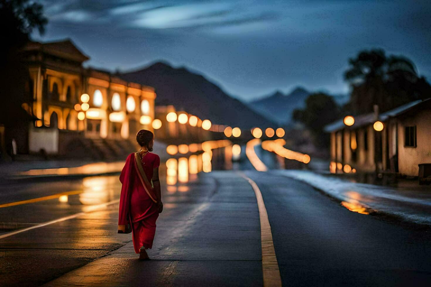 a woman in red is walking down the street at night. AI-Generated photo