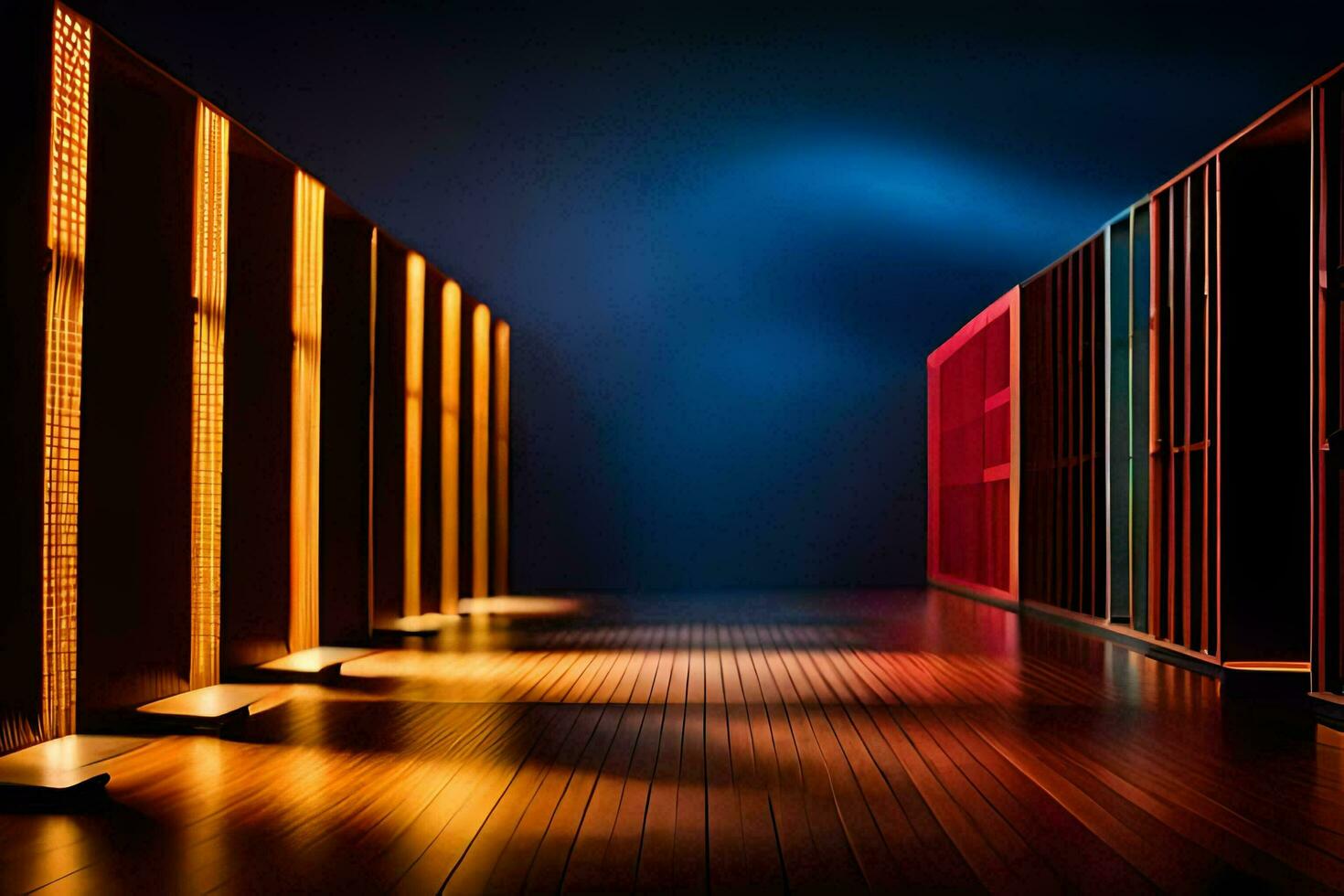 a row of colorful wooden shelves in a dark room. AI-Generated photo