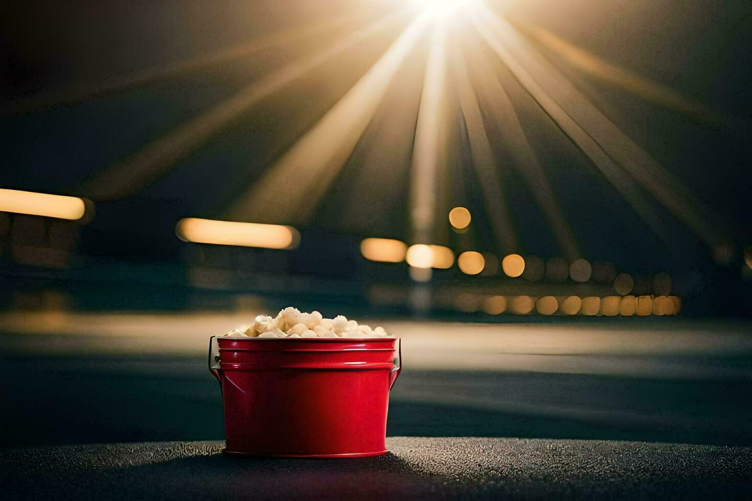 a bucket of popcorn on the floor in front of a bright light. AI-Generated photo