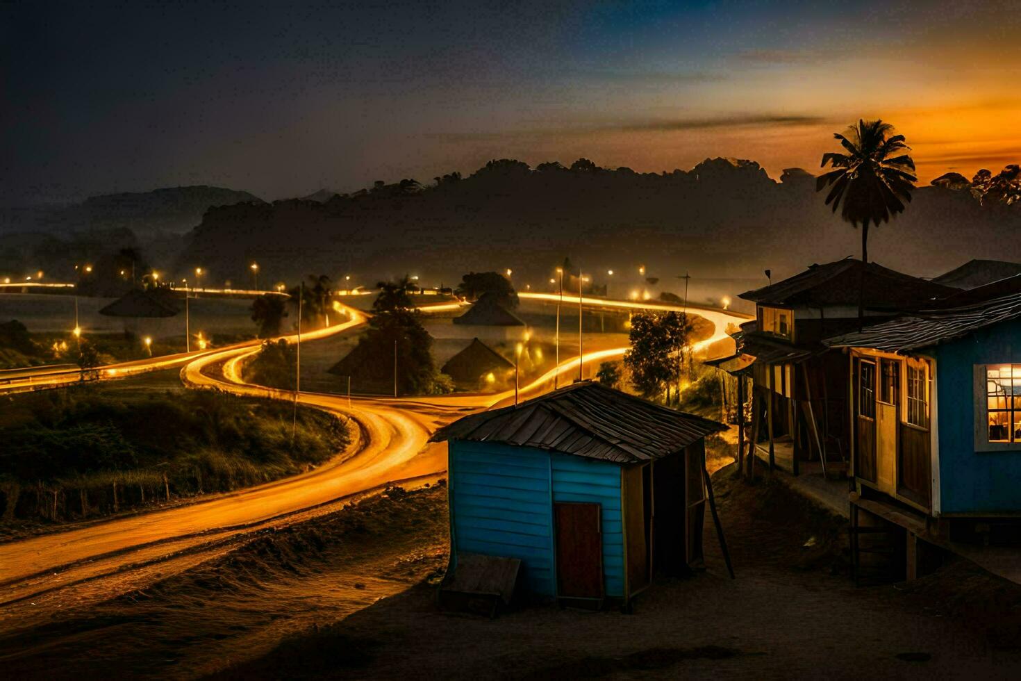 a road at night with houses and palm trees. AI-Generated photo