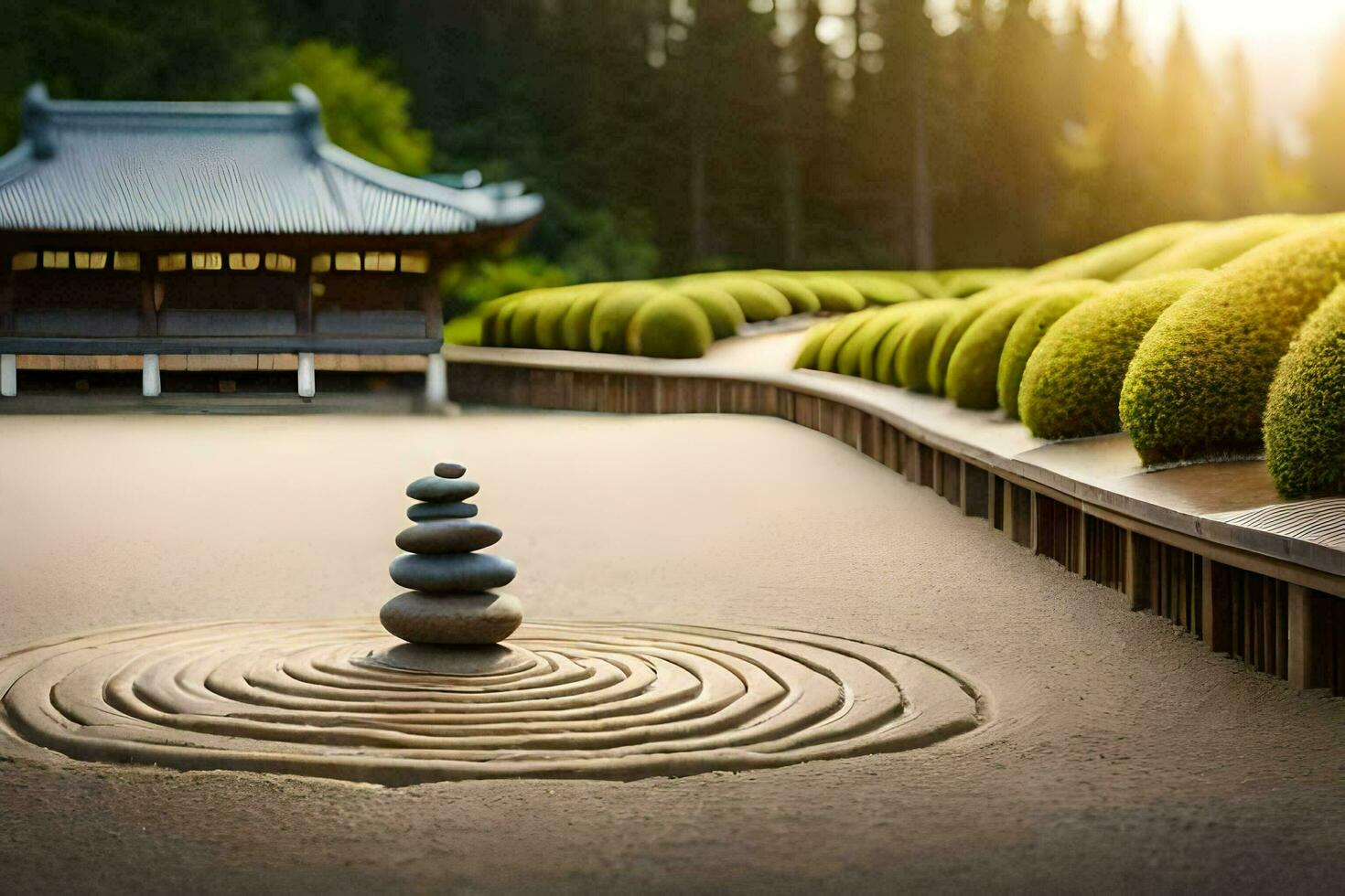 a zen garden with stones and a pagoda. AI-Generated photo