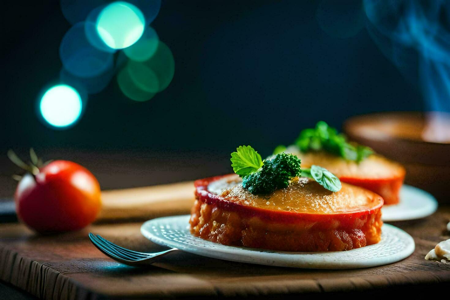 two small cakes on white plates with tomatoes and herbs. AI-Generated photo