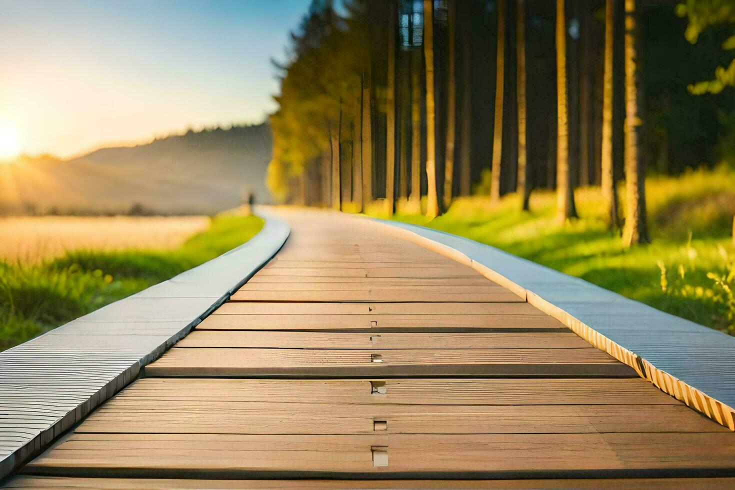 a wooden walkway in the middle of a field. AI-Generated photo