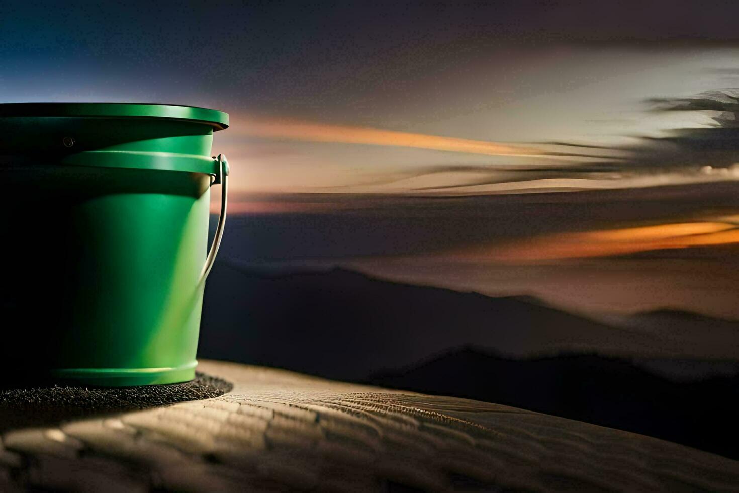 a green bucket sitting on top of a mountain. AI-Generated photo