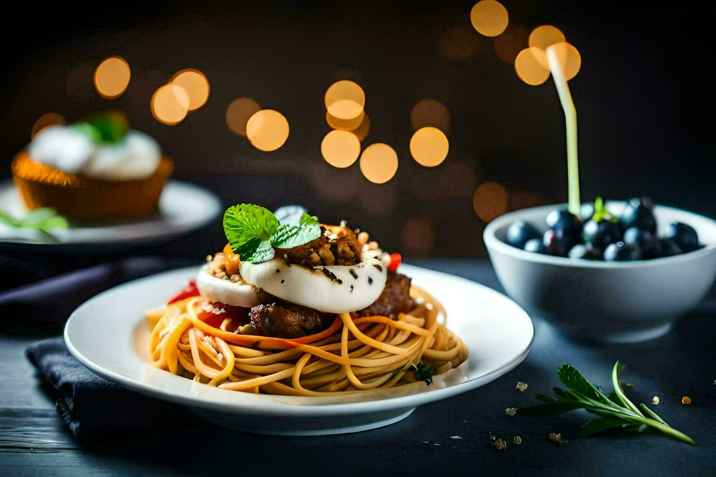spaghetti with meatballs and blueberries on a plate. AI-Generated photo