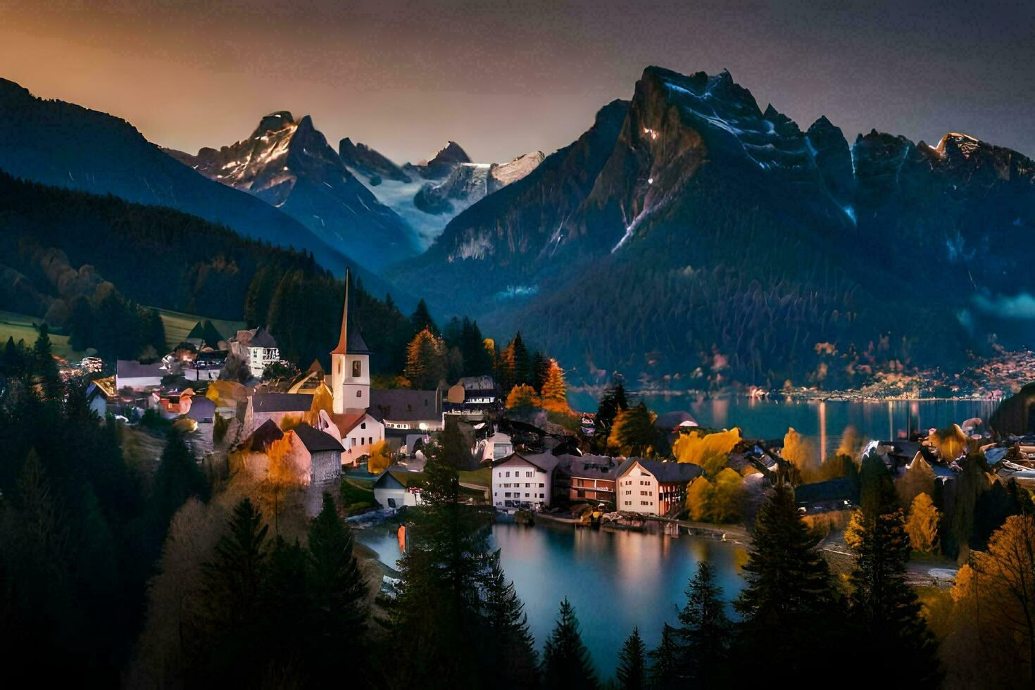 the village of lake lauterbrunnen in the alps at sunset. AI-Generated photo