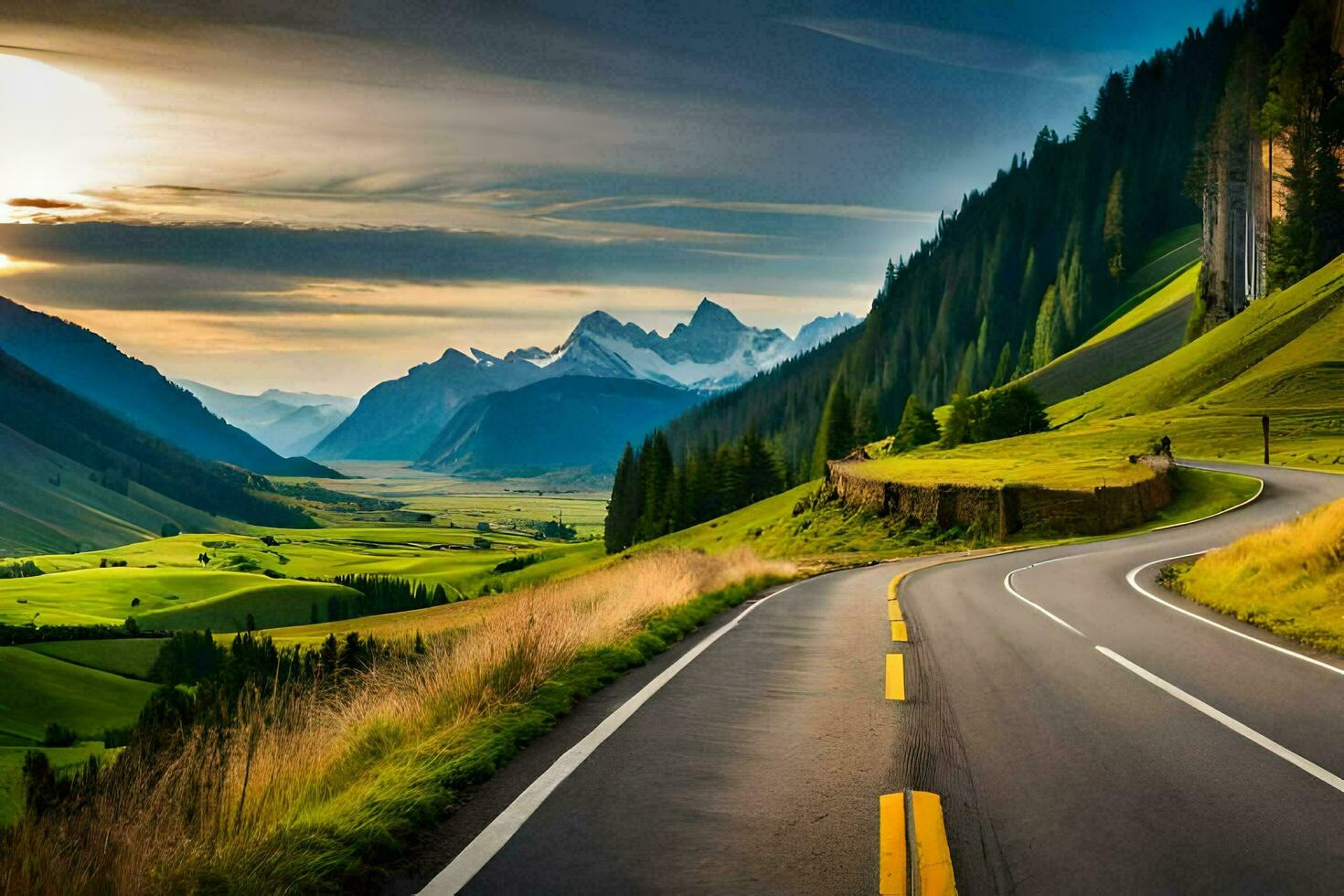a scenic road in the mountains. AI-Generated photo