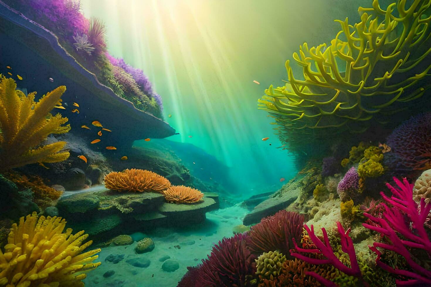 the sun shines over a coral reef and an underwater scene. AI-Generated photo