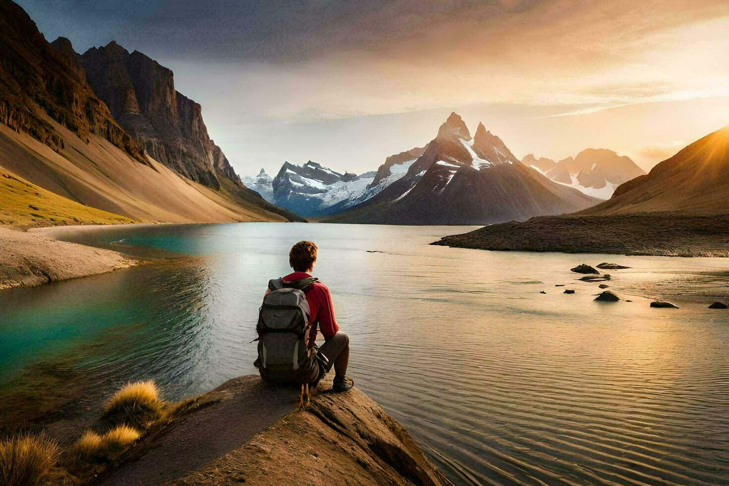 a man sits on a rock overlooking a lake and mountains at sunset. AI-Generated photo