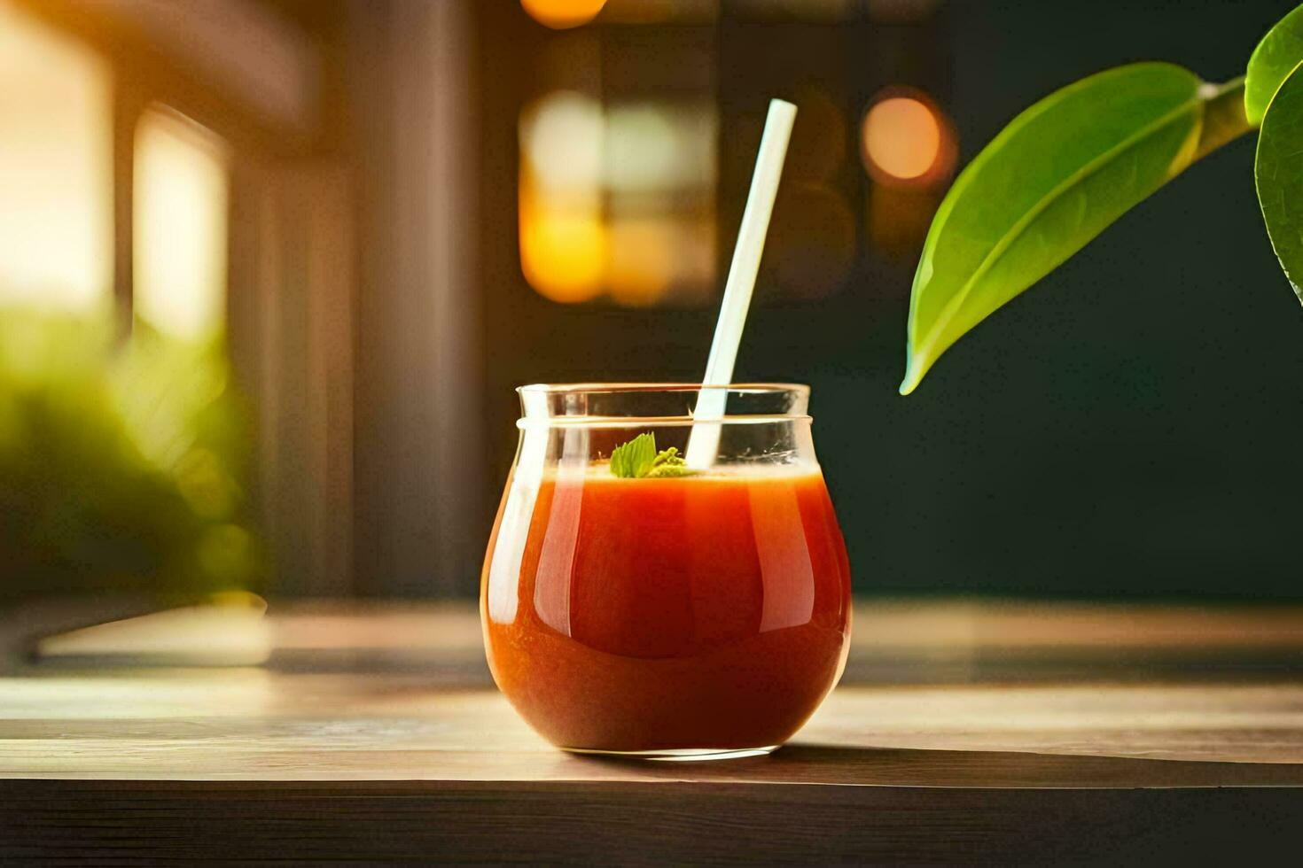 un vaso de jugo con un Paja sentado en un mesa. generado por ai foto