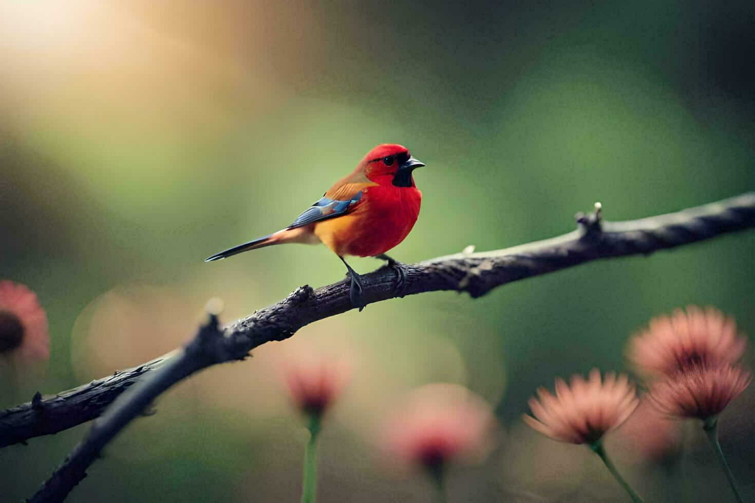 a red bird sits on a branch with pink flowers. AI-Generated photo