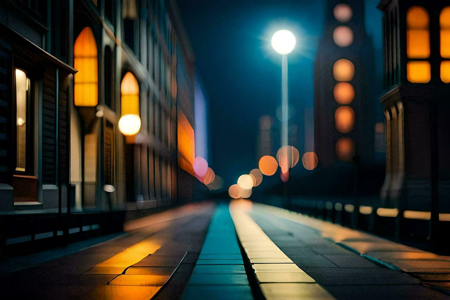 un largo calle a noche con luces en el edificios generado por ai foto