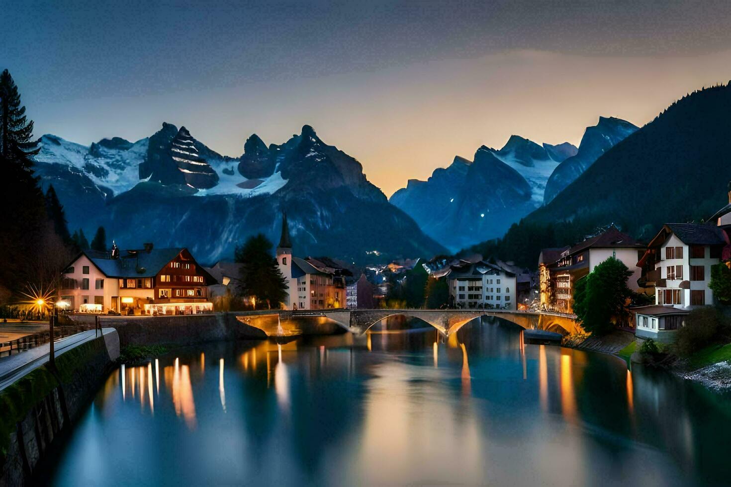 photo wallpaper the sky, mountains, river, town, switzerland, alpine, switzerland. AI-Generated