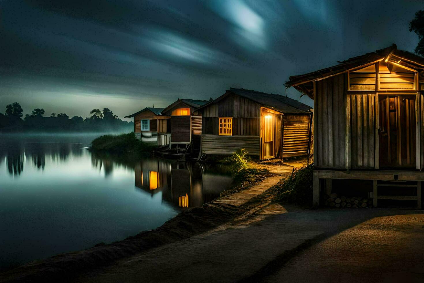photo wallpaper the sky, water, fog, the lake, the house, the house, the. AI-Generated