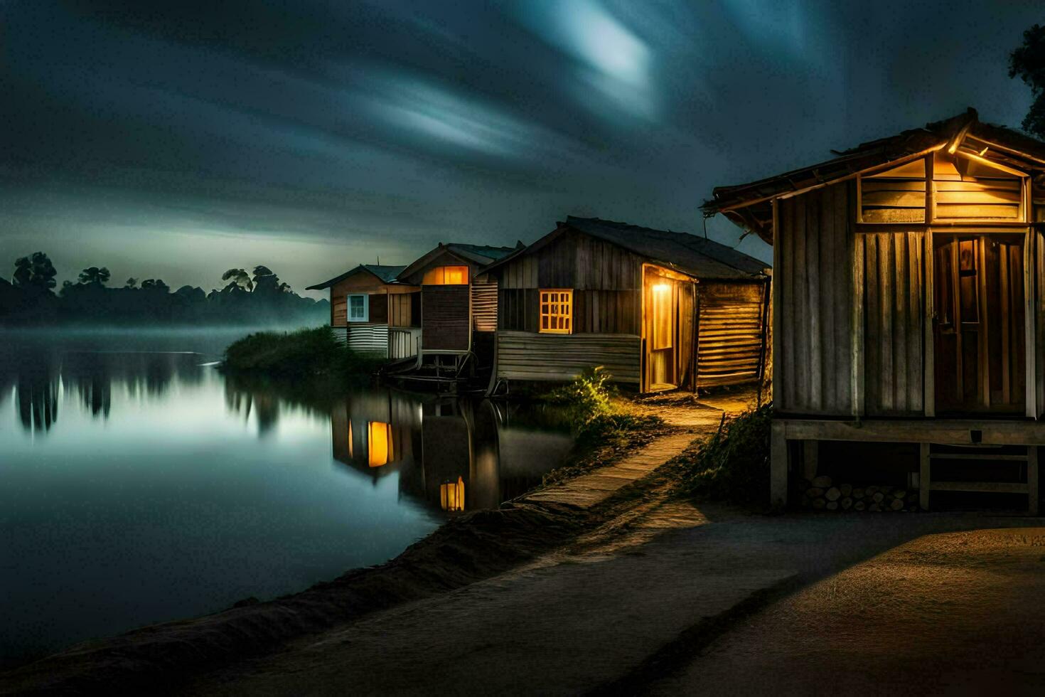 foto fondo de pantalla el cielo, agua, niebla, el lago, el casa, el casa, el. generado por ai