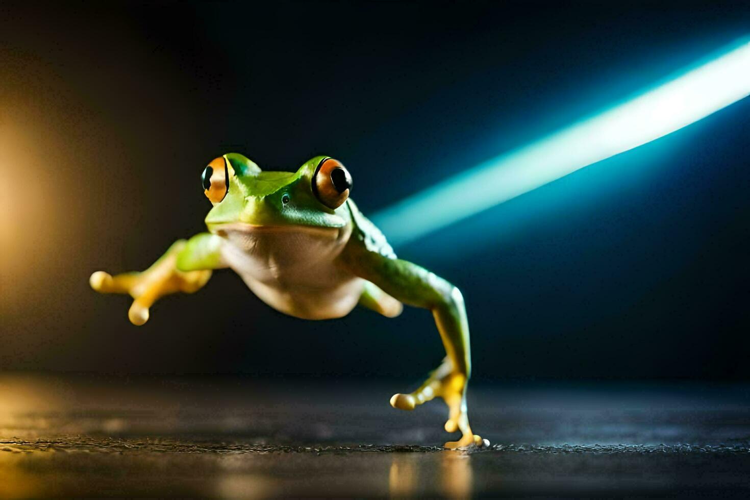 un rana saltando en el aire con un ligero detrás él. generado por ai foto
