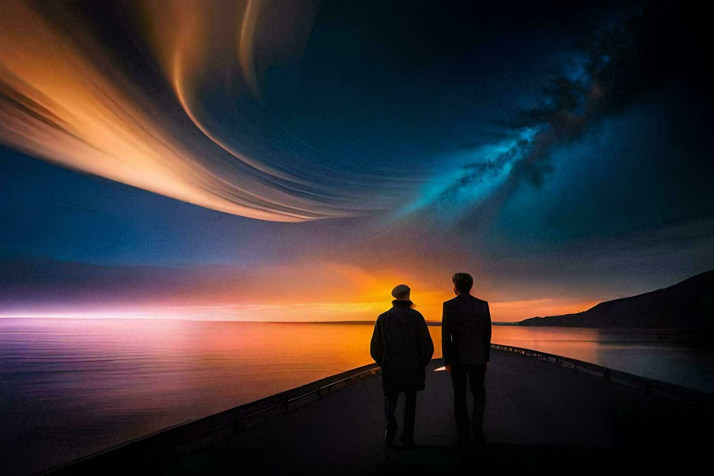 two people standing on a dock looking at the sky. AI-Generated photo