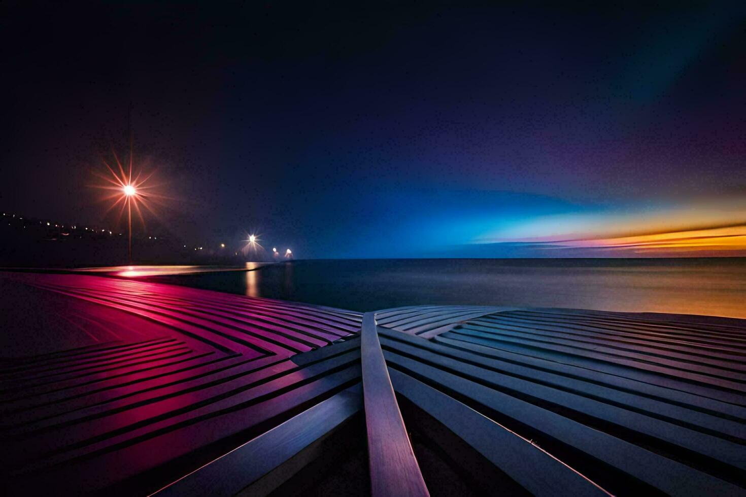 a long pier with a colorful sky at night. AI-Generated photo