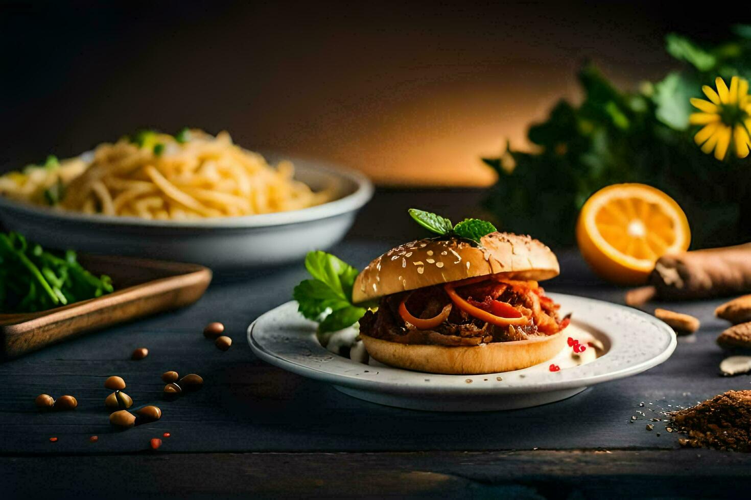 a burger with vegetables and spices on a plate. AI-Generated photo