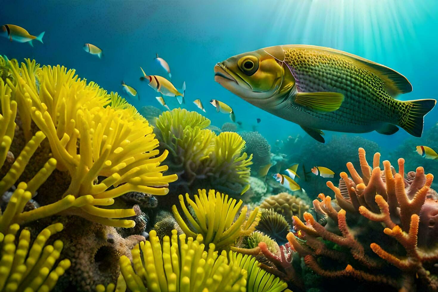 a fish swims over a coral reef with colorful fish. AI-Generated photo